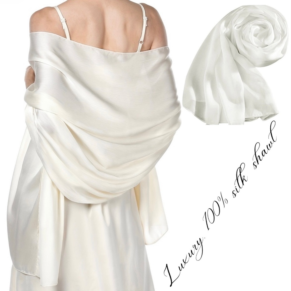 Luxury 100% SILK SATIN White Large Shawl Scarf Wrap Bridal Cover up Wedding gift - Picture 9 of 9